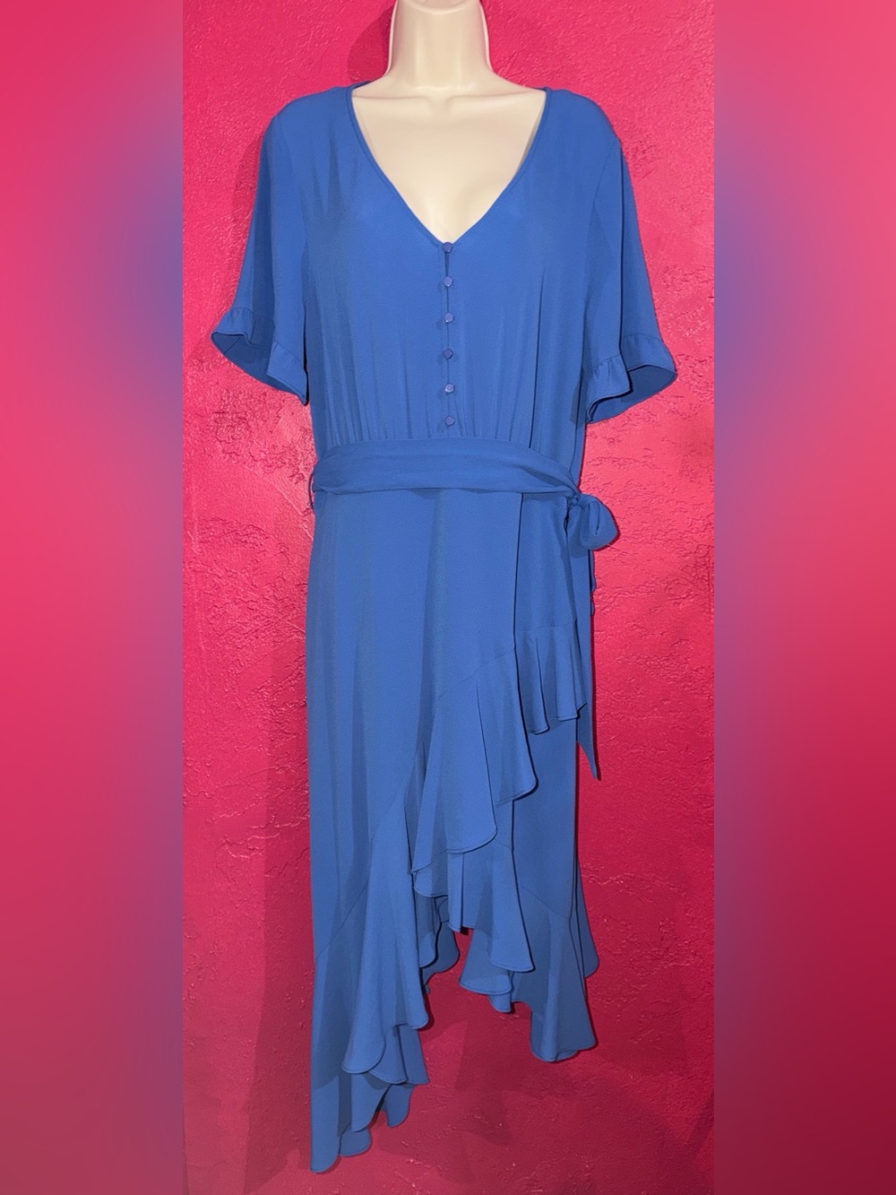 NWT CeCe Blue High-Low Ruffle midi Dress. Sz 12. Career, work, church, date.